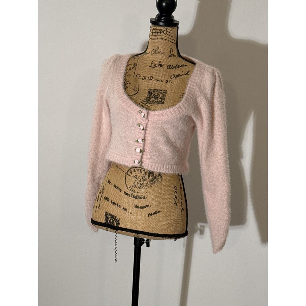 FOR LOVE BELL Pink Faux Fur Cardigan with Rose Buttons | Small light pink